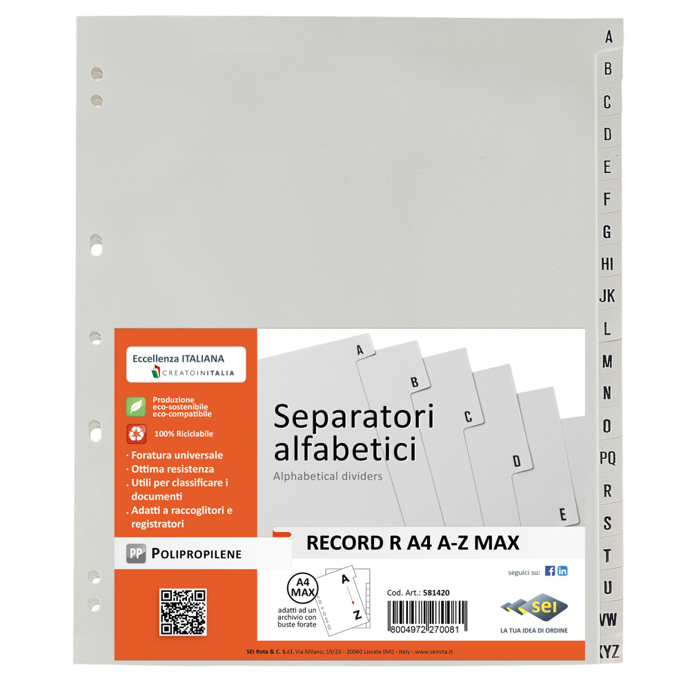 Separatore alfabetico A/Z Record R - PPL - 24,5 x 30 cm - A4 maxi - grigio - Sei Rota