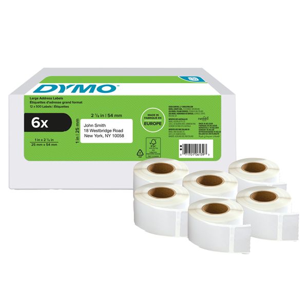 Rotolo etichette per Indirizzi - 25 x 54 mm - bianco - Dymo - value pack 6 pezzi