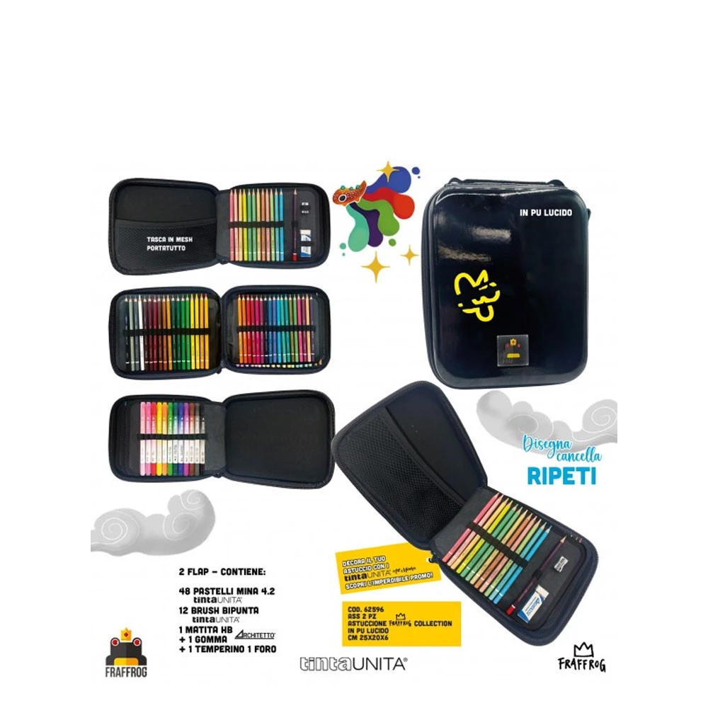 Astuccio Big Fraffrog One Zip con Pastelli e Brushpen Tinta Unita