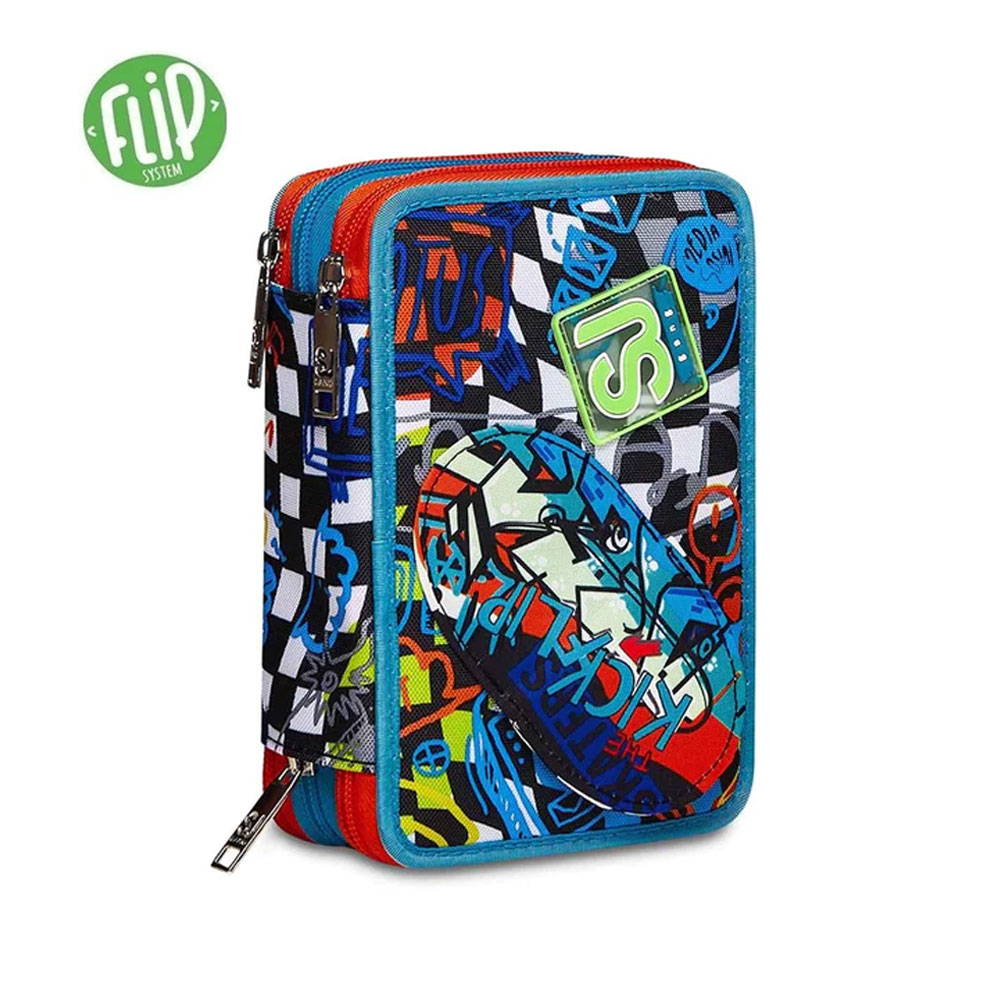 Astuccio 3 Zip Seven Trickflip Boy con Colori per Scuola Elementare