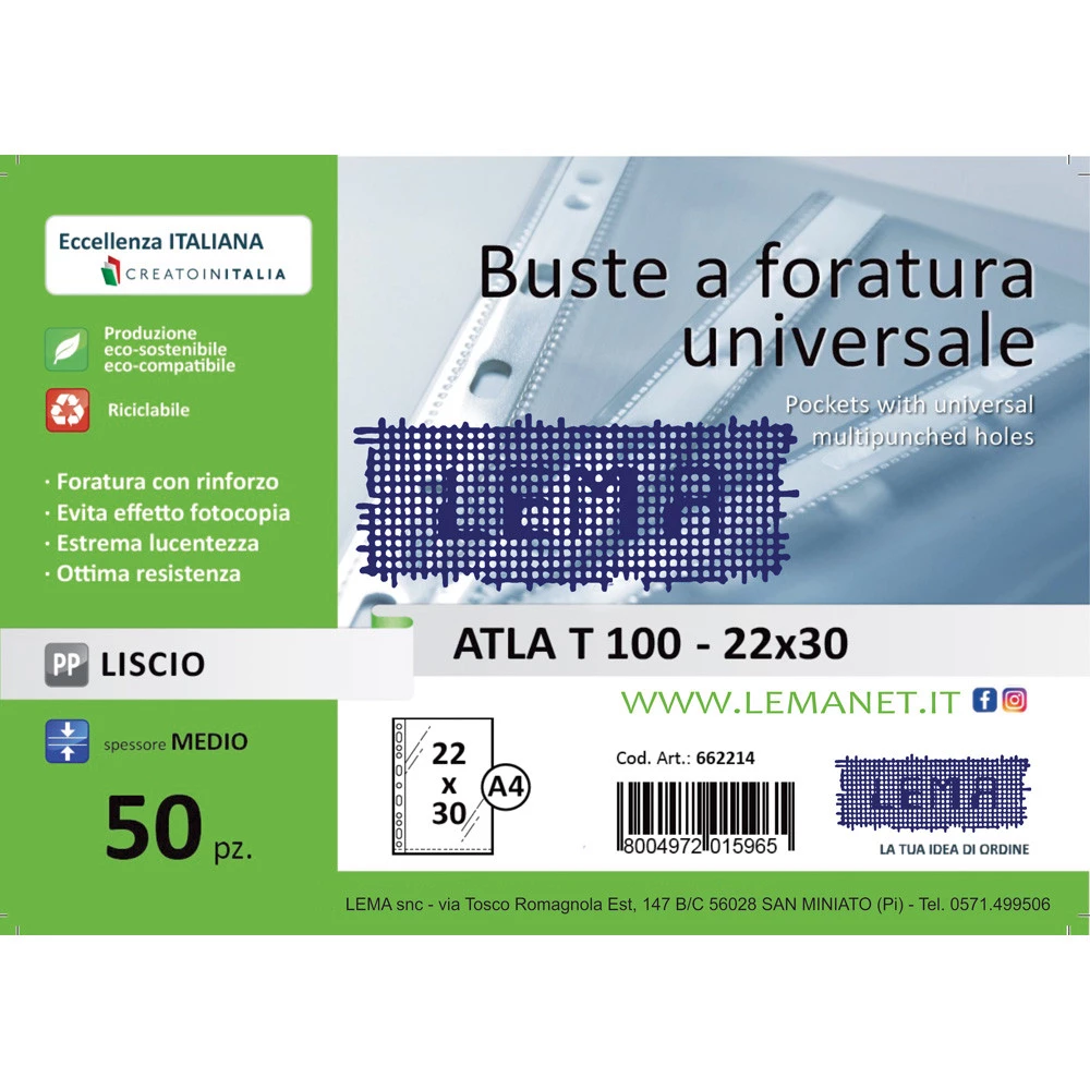 Buste Forate Lema 22x30cm Liscio Trasparente conf. 50 Pezzi