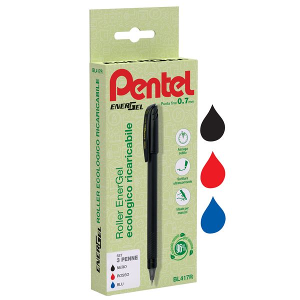 Roller Energel Recycology 96 - punta 0,7 mm - nero/rosso/blu - Pentel - conf. 3 pezzi