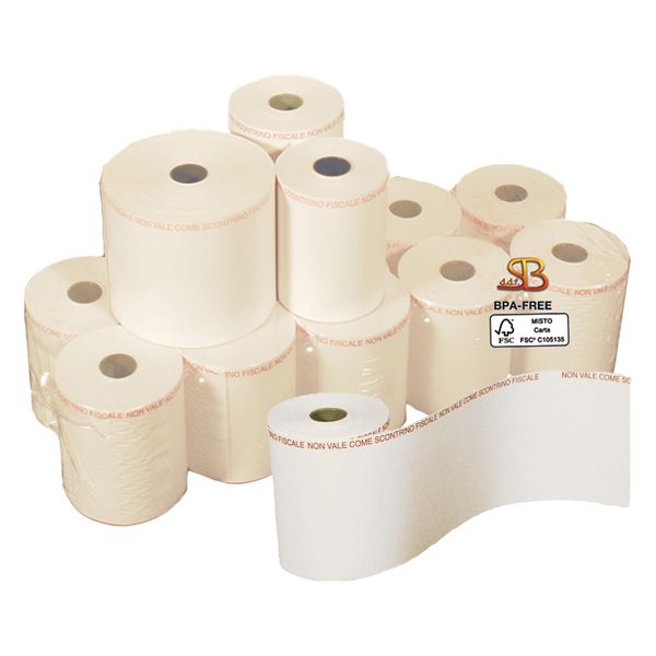 Blister 5 rotoli carta termica adesiva BPA free 57mm x 20mt D 60mm per Bilance