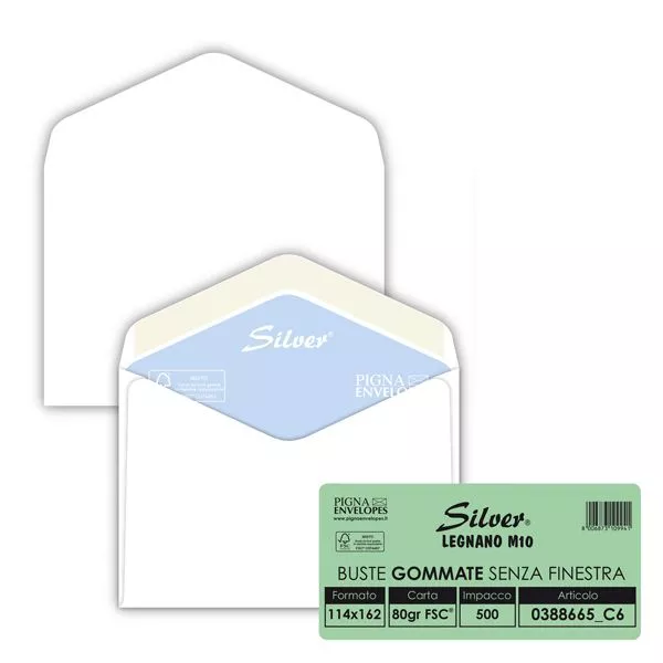 Busta Busta Silver Matic FSC - senza finestra - gommata - 11,4 x 16,2 cm - 80 gr - bianco - Pigna - conf. 500 pezzi