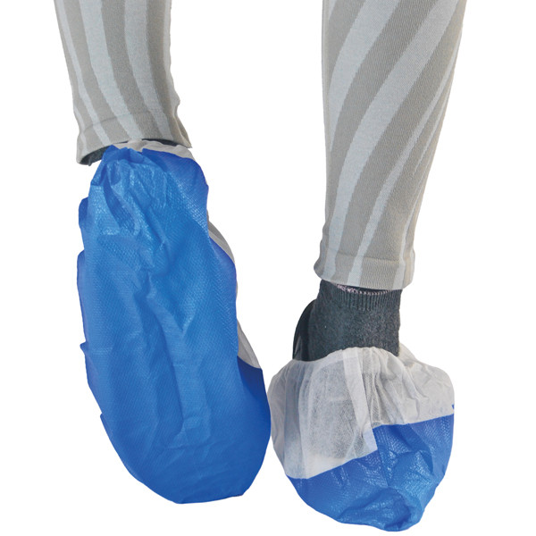 Sovrascarpe monouso Dual Barrier - antiscivolo - taglia unica - PLP - bianco/blu - Worker - conf. 50 pezzi