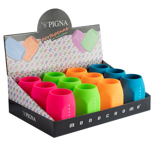 Portapenne Monocromo - 9,5 x 7,5 x 7 cm - silicone soft touch - colori fluo assortiti - Pigna - conf. 12 pezzi