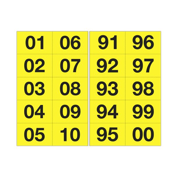 Numero adesivo da 01 a 99 - 44 x 34 mm - 10 et/fg - 10 fogli - nero/giallo