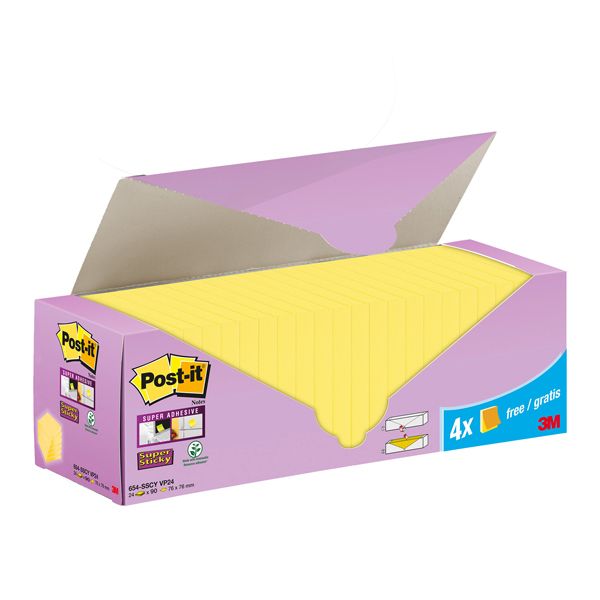 Cf. 20+4pz blocco 90fg.Post-it Super Sticky 76x76mm 654-SSCY-VP24 giallo Canary