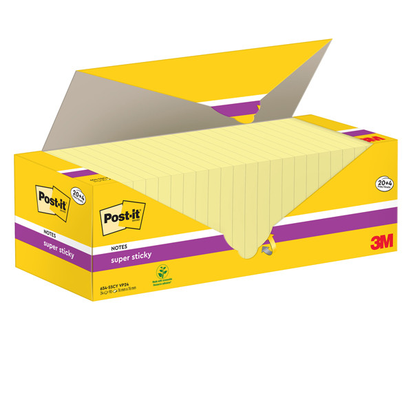 Blocco foglietti Post-it Super Sticky - 654-SSCY-VP24 - 76 x 76 mm - giallo Canary - 90 fogli - Post-it - conf. 24 blocchi