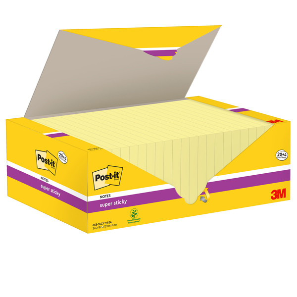 Blocco foglietti Post-it Super Sticky - 655-SSCY-VP24 - 76 x 127 mm - giallo Canary - 90 fogli - Post-it - conf. 24 blocchi