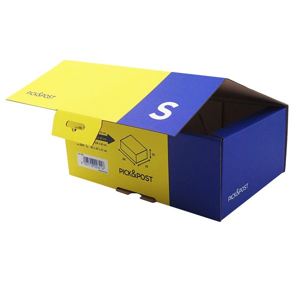 Scatola automontante per ecommerce PICKPost - S - 26 x 19 x 10 cm - giallo/blu - Blasetti