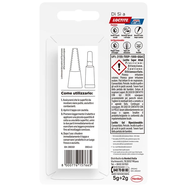 Colla Super Attak Precision - 5 gr + 2 gr - Gel Riposizionabile - Loctite