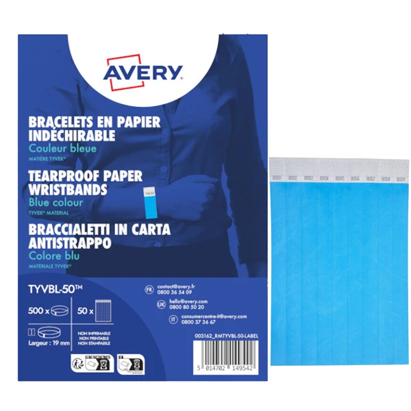 Braccialetti identificativi - in Tyvek - blu fluo - 265 x 19 mm - 50 fogli - 10 et/fg - Avery - Conf. 500 pezzi