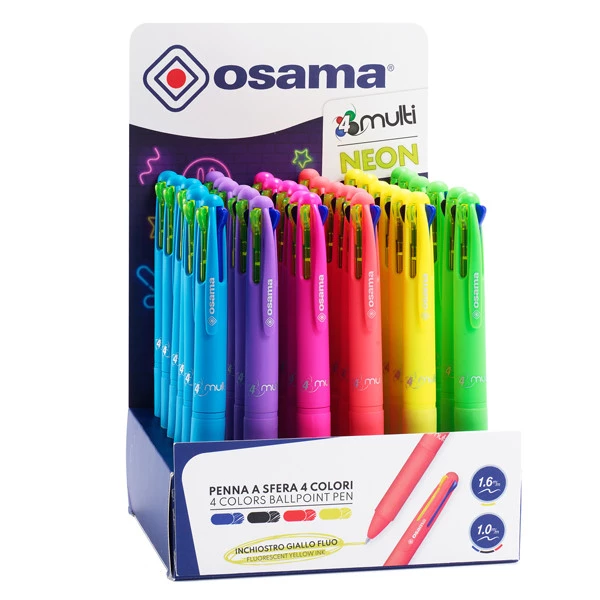 Penna a sfera scatto 4 Color - colori Neon assortiti - Osama - expo 36 pezzi
