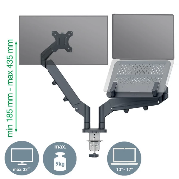 Braccio salvaspazio - per 2 monitor & laptop - grigio scuro - Leitz Ergo