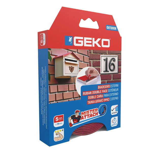 Nastro biadesivo OUTDOOR Mister Attach - 19 mm x 5 m - grigio/rosso - Geko