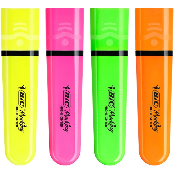 Evidenziatore Flat - punta a scalpello - tratto da 1,2mm-4,6mm - colori assortiti fluo - Bic - astuccio 4 pezzi