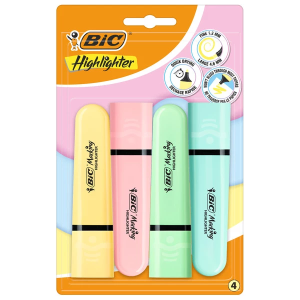 Evidenziatore Flat  - punta a scalpello - tratto da 1,2mm-4,6mm - colori assortiti pastel - Bic - astuccio 4 pezzi