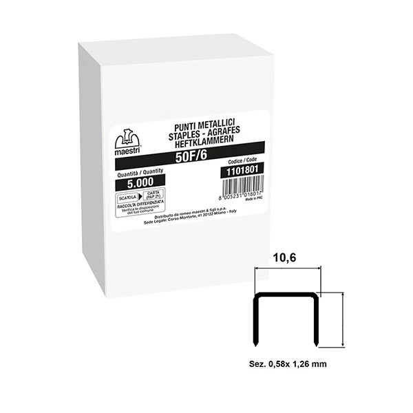 Punti 50F/6 - H 6mm Romeo Maestri - contenuto da 5.000 pezzi cad confezione - conf. 2 scatole
