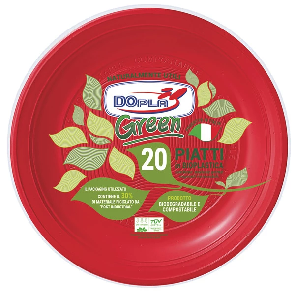 Piatto piano - compostabile - diametro 22 cm - rosso - Dopla - conf. 20 pezzi
