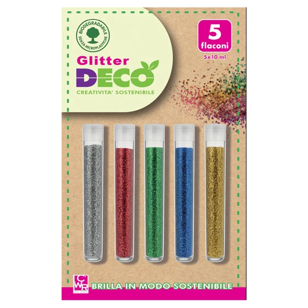 Glitter Bio grana fine - 10ml - colori assortiti - Deco - blister 5 flaconi