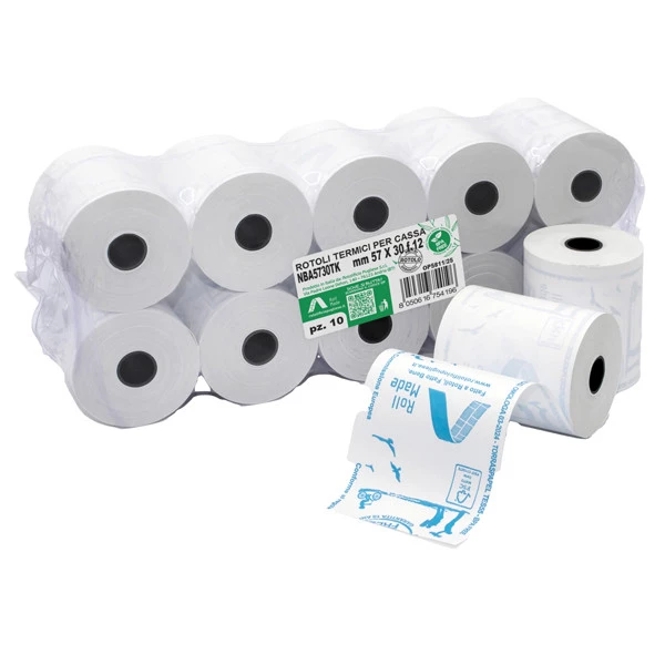 Rotolo per registratori di cassa - carta termica BPA free - 57 mm x 30 mt - 48 gr - diametro esterno 45 mm - anima 12 mm - Rotolific io Pugliese - blister 10 pezzi