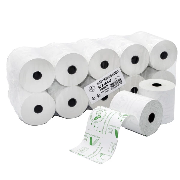 Rotolo per registratori di cassa - carta termica BPA free - 80 mm x 60 mt - 48 gr - diametro esterno 64 mm - anima 12 mm - Rotolific io Pugliese - blister 10 pezzi