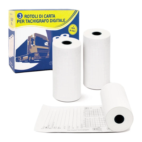 Rotolo per tachigrafo digitale - carta termica BPA free - 57 mm x 8 mt - 75 gr - diametro esterno 27mm - senza anima - Rotolificio P ugliese - confezione 3 pezzi
