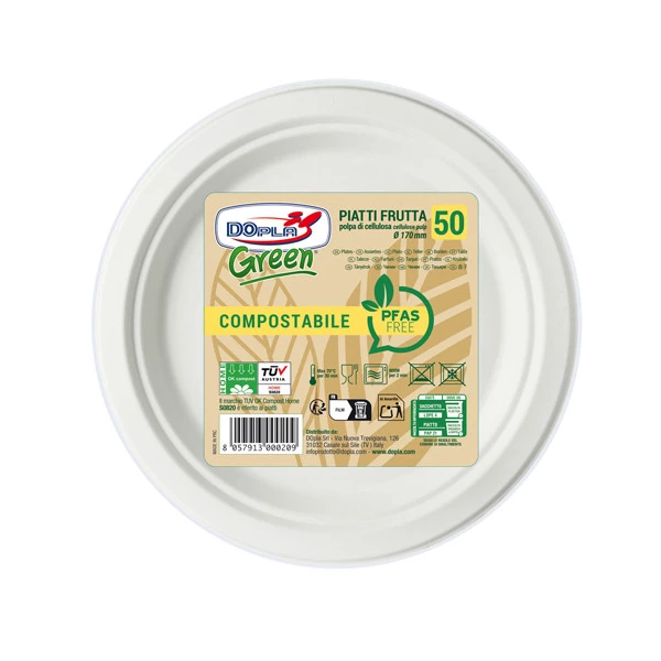 Piatto frutta monouso - rotondo - diametro 17 cm - cellulosa - bianco - Dopla Green - conf. 50 pezzi