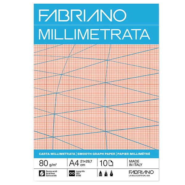 Blocco carta millimetrata - 21 x 29,7 cm - A4 - 10 fogli - 80gr - Fabriano