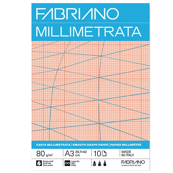 Blocco carta millimetrata - A3 - 29,7 x 42 cm - 10 fogli - 80gr - Fabriano