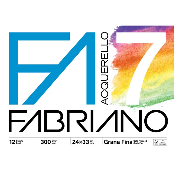 Blocco acquerello F7 - 24 x 33cm - 12 fogli - 300gr - grana fine - Fabriano