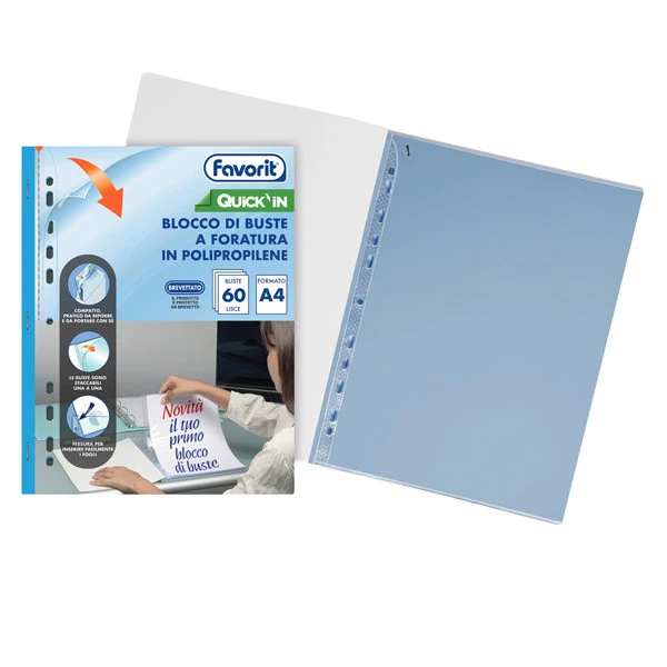 Quick IN blocco buste forate - liscio - A4 - trasparente - Favorit - conf. 60 buste