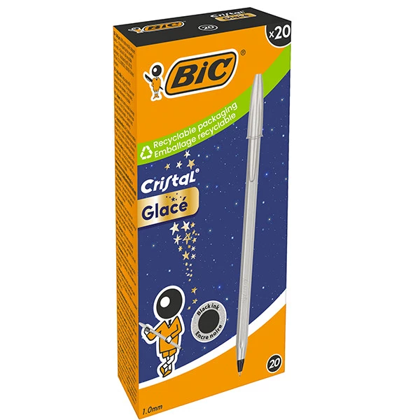 Penna sfera Cristal Glac&egrave; - 1.0 mm - inchiostro nero - fusto argento - Bic - conf. 20 pezzi