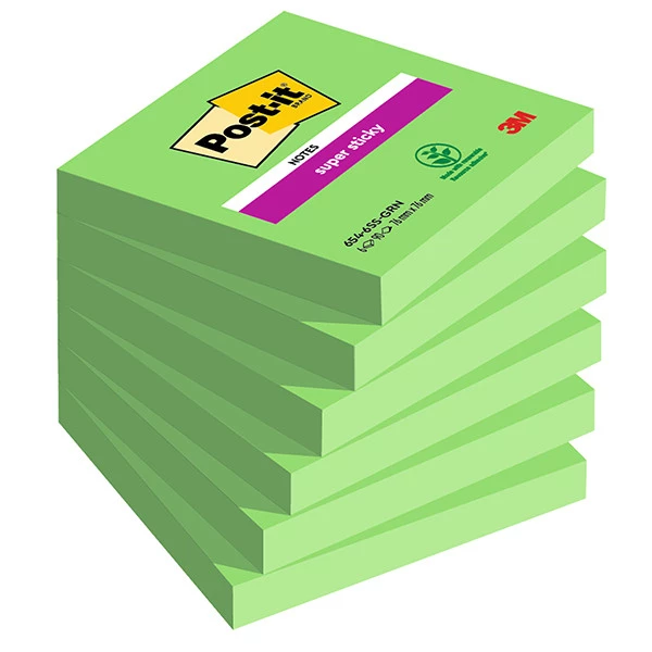 Blocco Post-it Super Sticky - 654-6SS-GRN - 76 x 76 mm - verde - 90 fogli - Post-it - conf. 6 pezzi