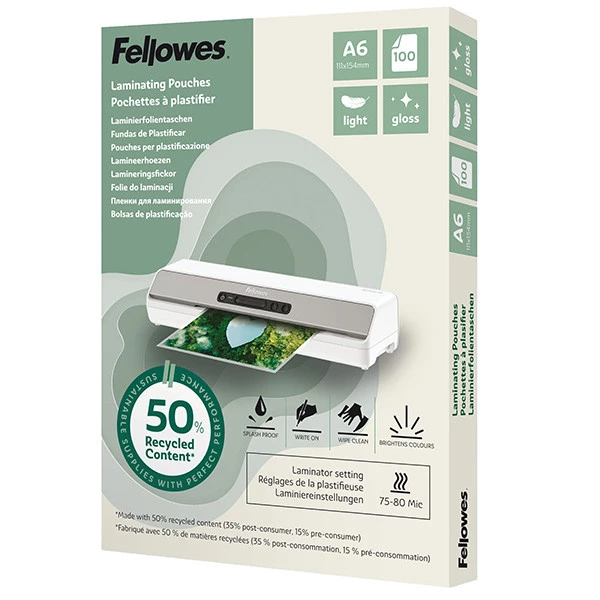 Pouches riciclate - A6 - 2x80 micron - Fellowes - scatola 100 pezzi