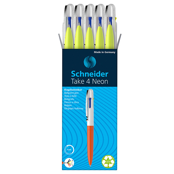 Penna a sfera Take 4 - punta media - 4 colori - fusto giallo fluo - Schneider
