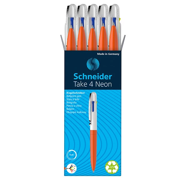 Penna a sfera Take 4 - punta media - 4 colori - fusto arancione fluo - Schneider
