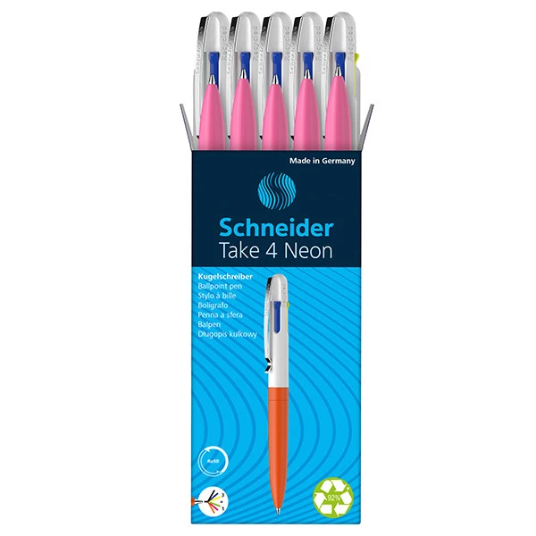 Penna a sfera Take 4 - punta media - 4 colori - fusto rosa fluo - Schneider