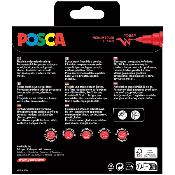 Marcatore a base d'acqua Uni Posca PC5MBR - punta brush 1.0 - 4.0mm - colori assortiti - Uni Mitsubishi - conf. 8 pezzi