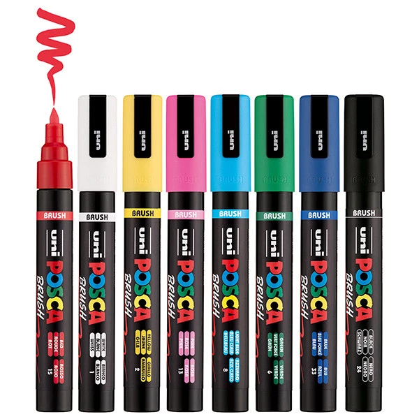 Marcatore a base d'acqua Uni Posca PC5MBR - punta brush 1.0 - 4.0mm - colori assortiti - Uni Mitsubishi - conf. 8 pezzi