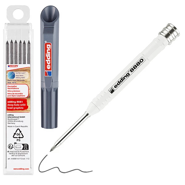 Matita da costruzione per fori profondi 8880-8881 &ndash; grafite &ndash; 2,8 mm &ndash; incluso set 6 mine &ndash; Edding