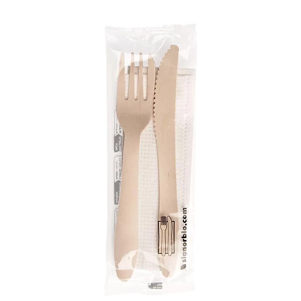 Bis posate con tovagliolo - legno naturale - Signor Bio - conf. 50 pezzi