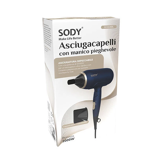 Asciugacapelli - manico pieghevole - 2000 W - blu