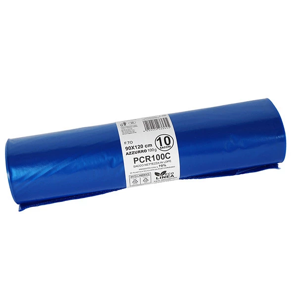 Sacco rifiuti - PCR - 90 x 120 cm - 120 L - 60 gr - azzurro -Bio Extrusion - conf. 10 pezzi