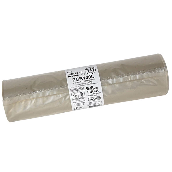 Sacco rifiuti - PCR - 90 x 120 cm - 120 L - 100 gr - neutro -Bio Extrusion - conf. 10 pezzi