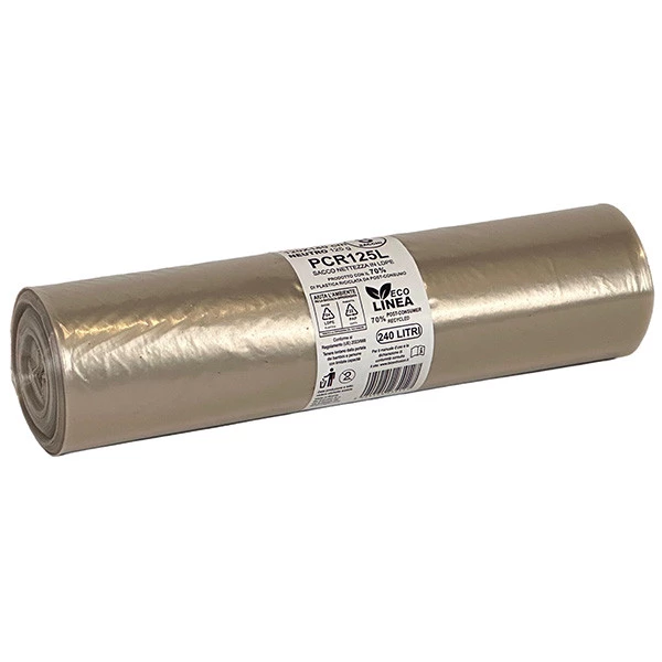 Sacco rifiuti - PCR - 120 x 140 cm - 240 L - 125 gr - neutro -Bio Extrusion - conf. 8 pezzi