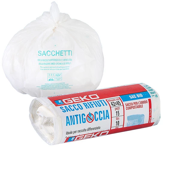 Sacchi per rifiuti organici Sac Bio - 42 x 45cm - 10 L - 12 micron - bianco - Geko - rotolo da 15 sacchetti