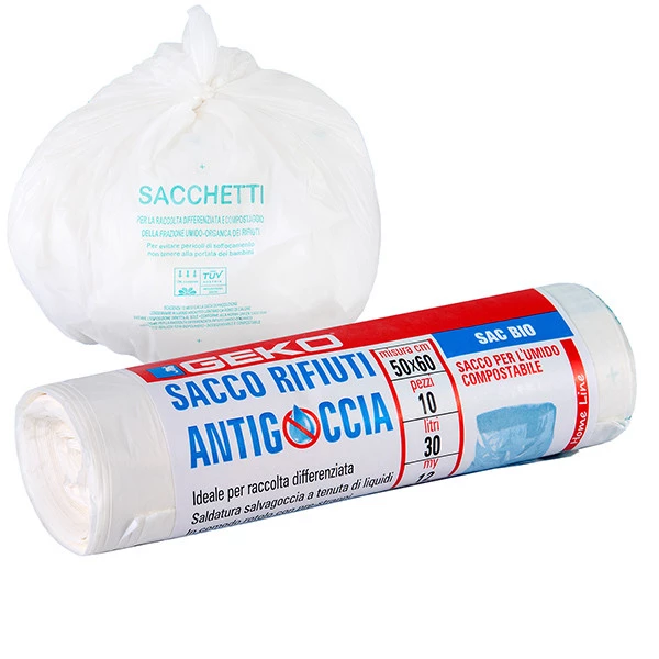 Sacchi per rifiuti organici Sac Bio - 50 x 60cm - 30 L - 12 micron - bianco - Geko - rotolo da 10 sacchetti