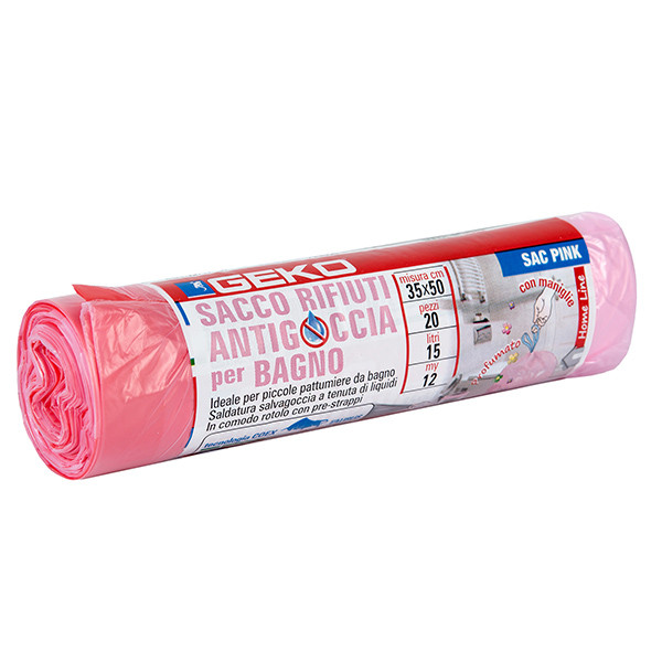 Sacchi per rifiuti da bagno - 35 x 50cm - 15 L - 12 micron - rosa - Geko - rotolo da 20 sacchetti